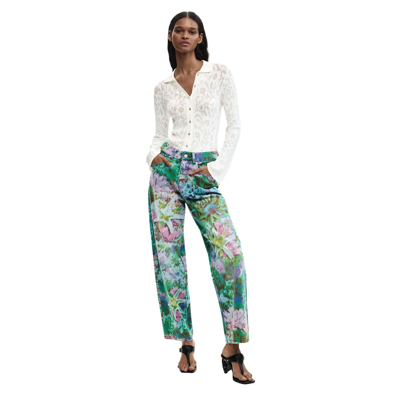 Jeans floreali multicolor a gamba dritta