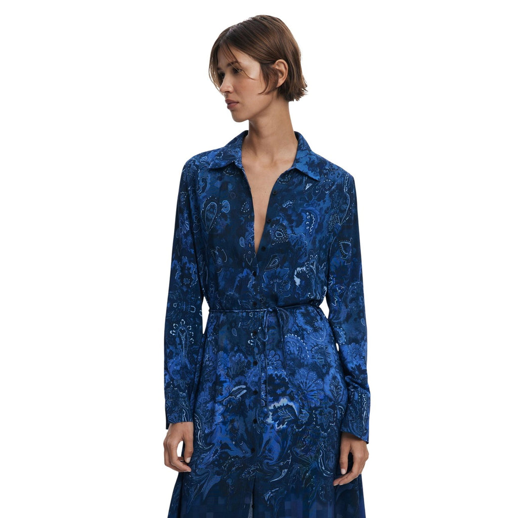 Abito midi blu fantasia con cintura in vita