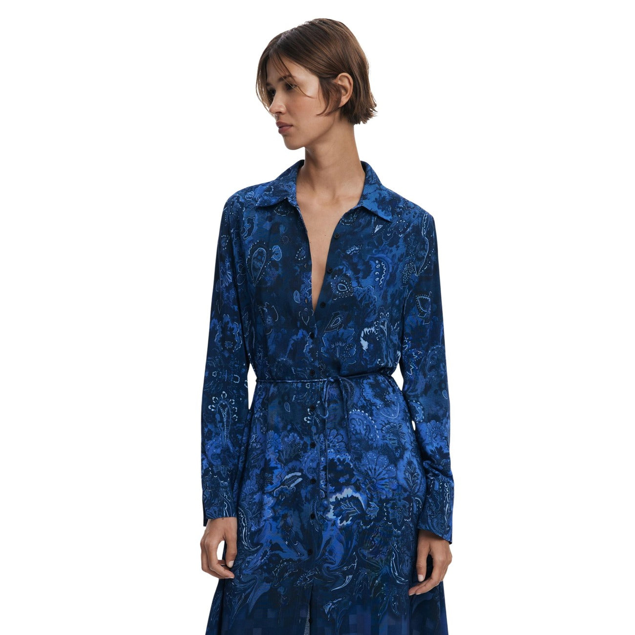 Abito midi blu fantasia con cintura in vita