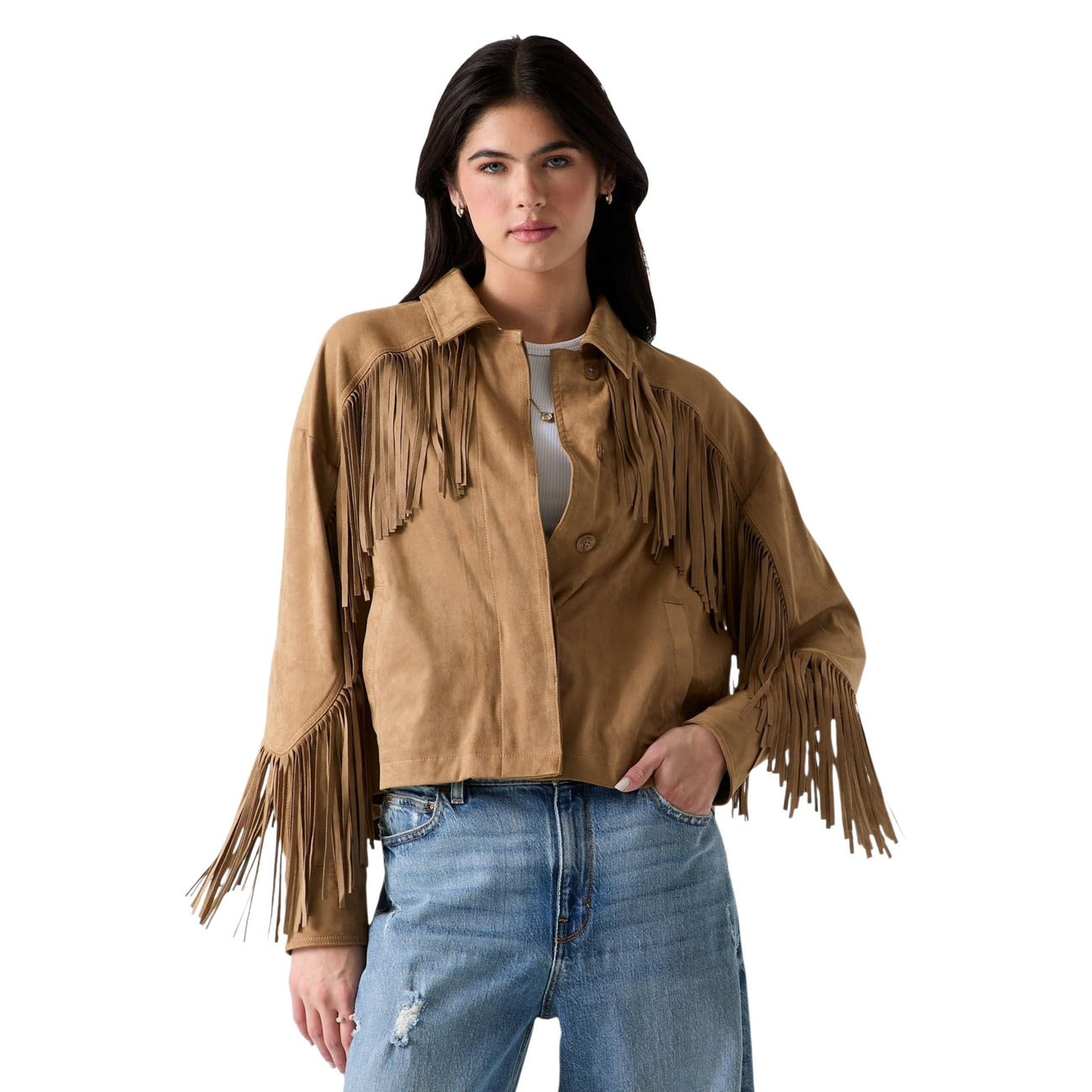 Giacca cropped effetto suede con frange