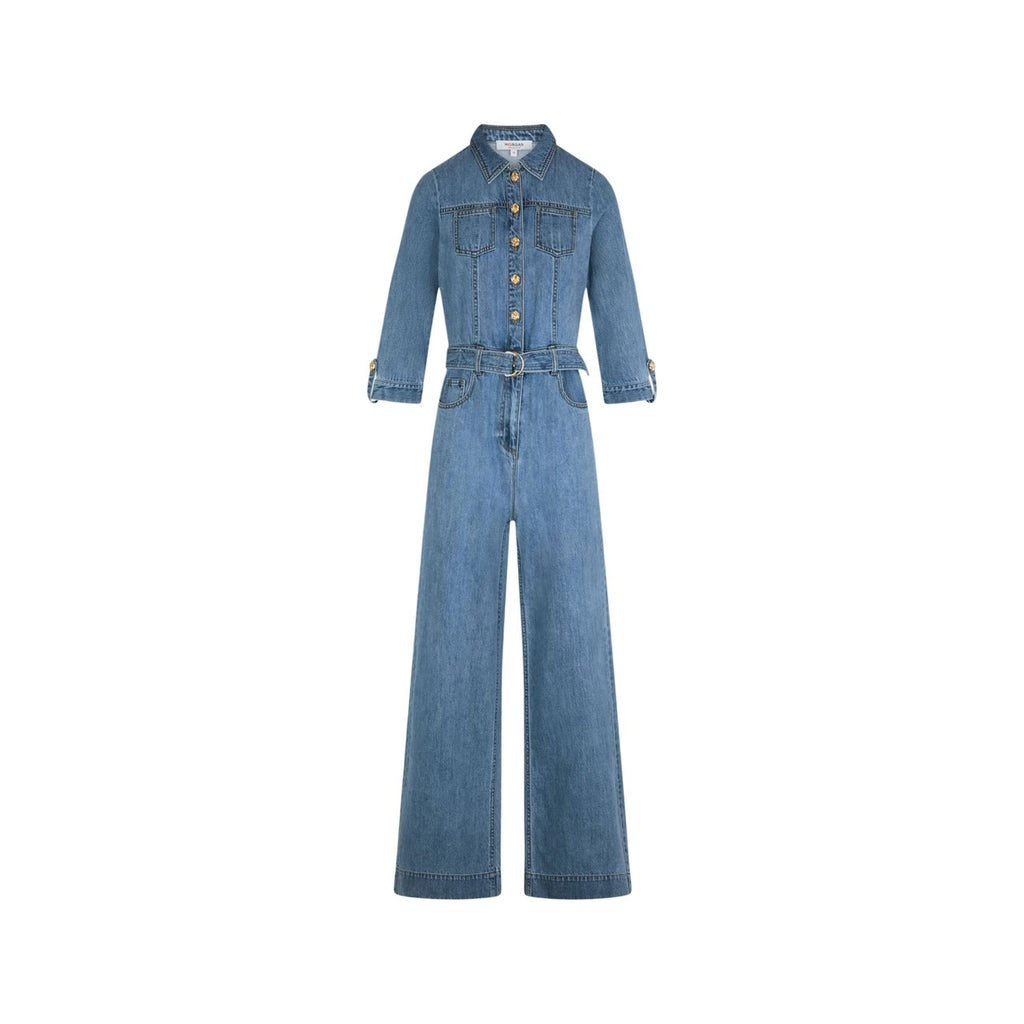 Tuta lunga in denim con cintura