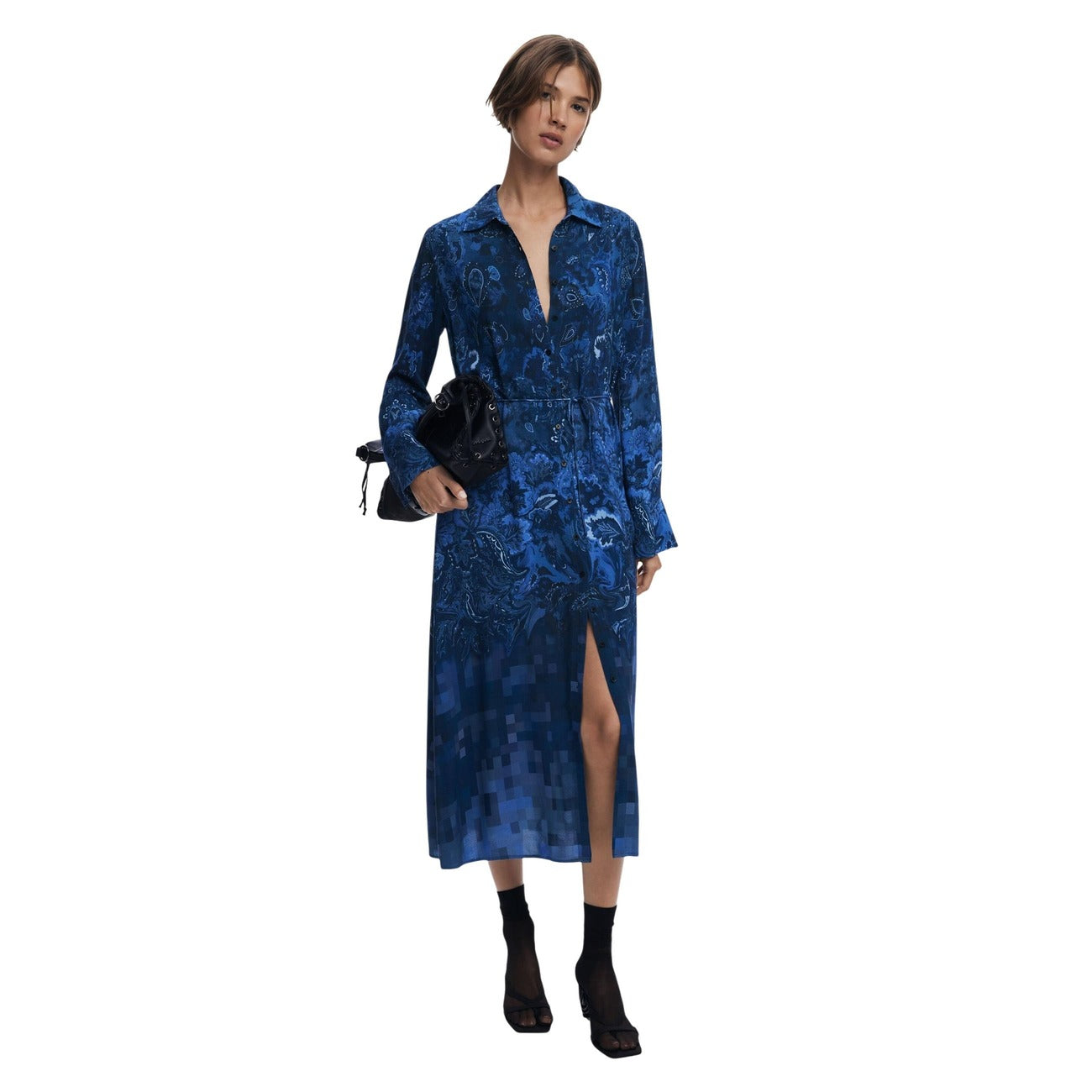 Abito midi blu fantasia con cintura in vita