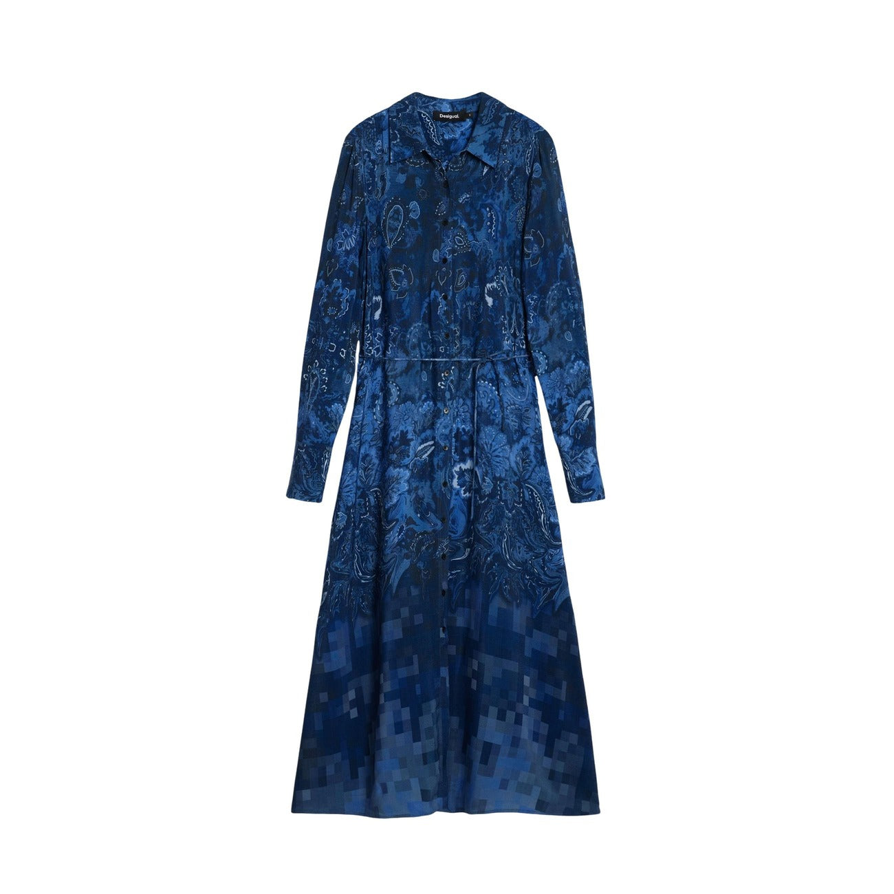 Abito midi blu fantasia con cintura in vita